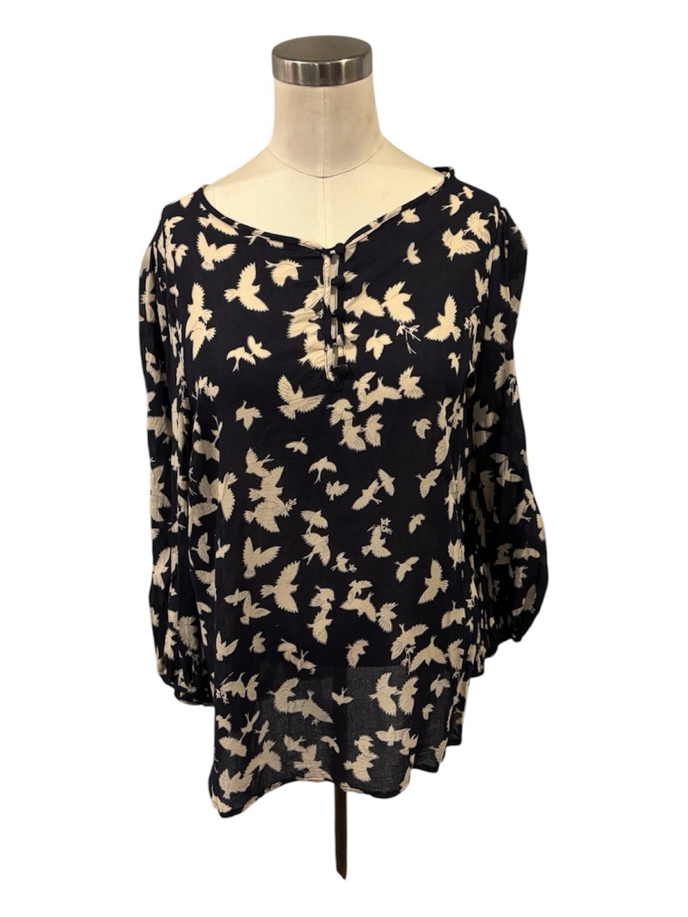 Maeve Black Blouse with Cream Bird Print